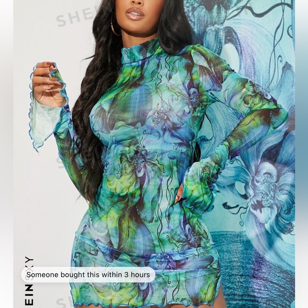 Floral Print See-Through Collar Mess Dress